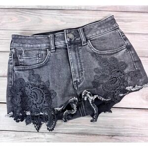 American Eagle Outfitters Black Lace Detail‎ Hi Rise Shortie Denim Shorts Size 2